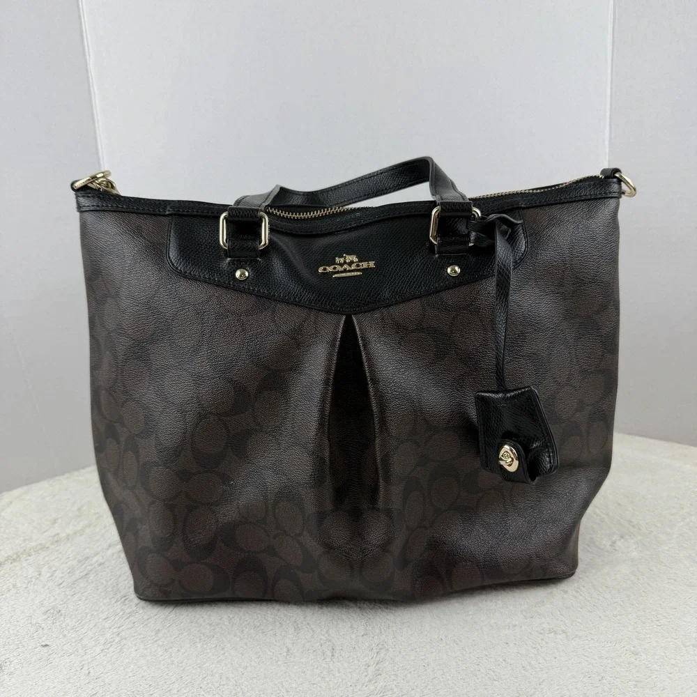 Coach Signature Pleated Peyton‎ Tote Dark Brown & Black F34614 $395
